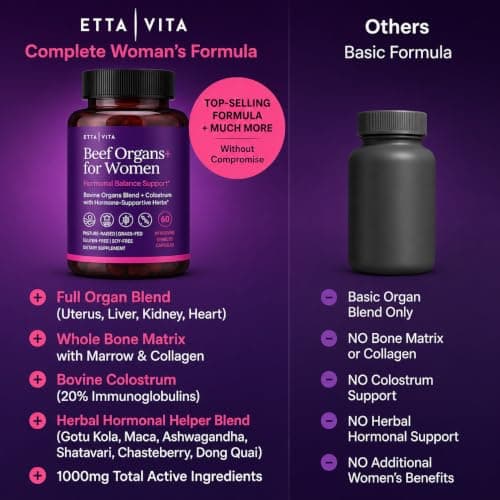 Primal Beef Organ Supplement for Women (Made in USA) Boosted w Shatavari, Maca, Ashwagandha, and Chasteberry - Grass Fed Uterus, Ovary, Liver, Kidney, Heart Bone Matrix, Gotu Kola and Queen Colostrum