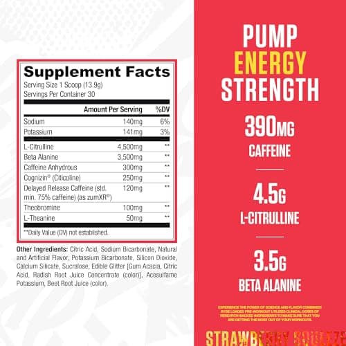 RYSE Loaded Pre Workout Powder - Strawberry Squeeze - Daily Pre-Workout for Men & Women with 390mg Caffeine, Beta Alanine, and Citrulline for Pump, Focus, and Energy - 30 Servings