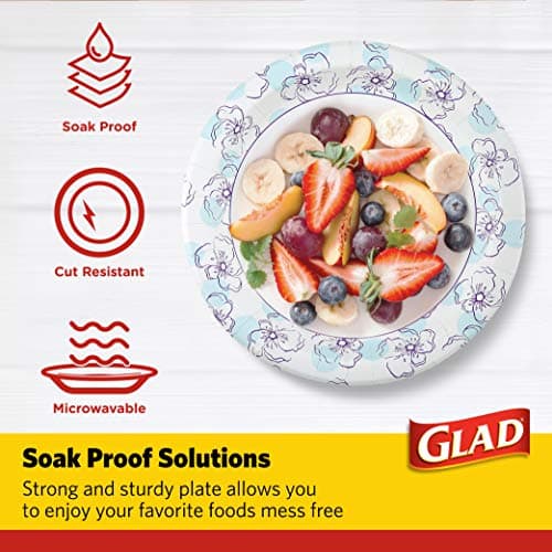 Glad Round Disposable Paper Plates, Blue Flower Design, Heavy Duty Soak Proof Cut Resistant Microwave Safe Plates for Meals, Parties, Picnics, and Events, 10 Inch, 50 Count