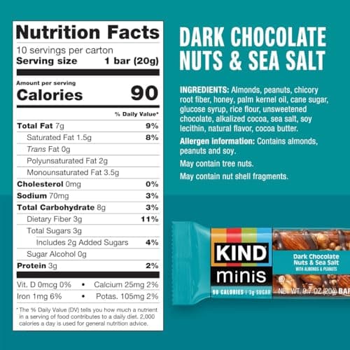 KIND Mini Snack Bars Variety Pack, Gluten Free, Low Sugar, Low Calorie Snacks, Dark Chocolate Nuts & Sea Salt, Peanut Butter Dark Chocolate, Caramel Almond & Sea Salt, 30 Count