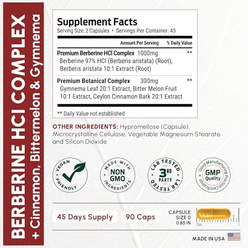 ForestLeaf Berberine Supplement - 1300mg per Serving - Ultra High Potency Berberine HCl with Ceylon Cinnamon, Bitter Melon & Gymnema - GLP-1 Weight Management Support - 90 Caps