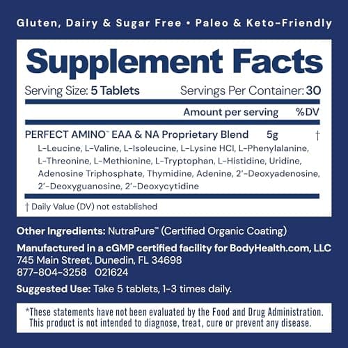 BodyHealth PerfectAmino (150 ct) Easy to Swallow Tablets, Essential Amino Acids Supplement with BCAAs, Vegan Protein for Pre/Post Workout & Muscle Recovery with Lysine, Tryptophan, Leucine, Methionine