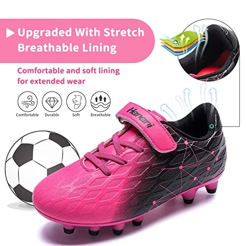 Hanani Boys Girls Soccer Cleats Kids Football Shoes Youth Baseball Cleat Outdoor & Indoor Firm Ground Soccer Shoe chool Performance Futsal Sneaker (Little Kids/Big Kids) Fuchsia Black