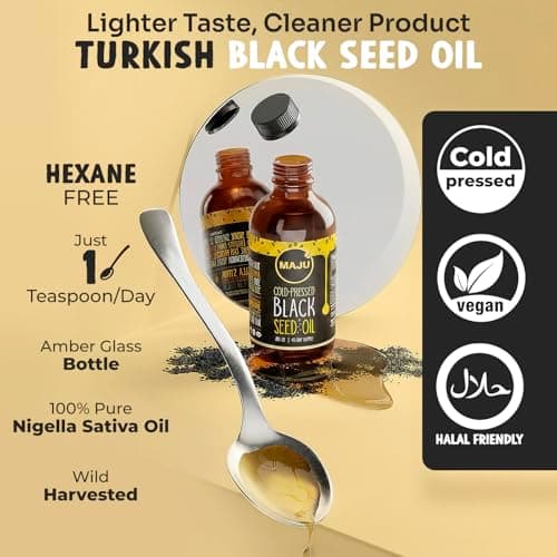 MAJU Black Seed Oil - 3 Times Thymoquinone, Cold-Pressed, 100% Turkish Black Cumin Seed Oil, Liquid Pure Blackseed, Glass Bottle, 8 oz
