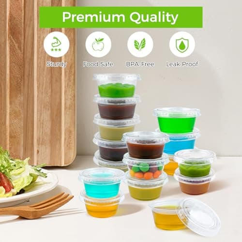 Dealusy 360 Set 2 oz Jello Shot Cups with Lids, Sturdy & Food Safe Disposable Plastic Portion Condiment Dipping Sauce Cups, Small Containers for Salad Dressing