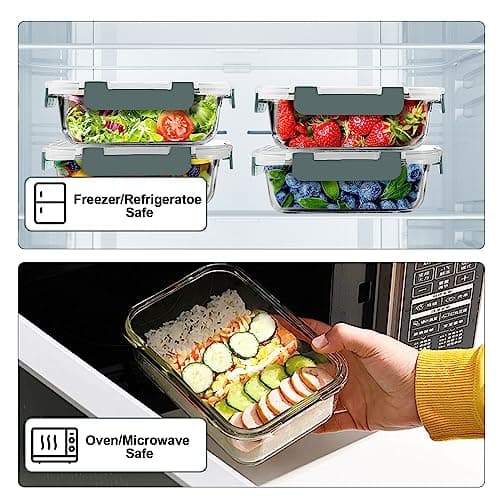 VERONES 10 Pack 22 OZ Glass Meal Prep Containers, Airtight Glass Lunch Containers Set, Glass Food Storage Containers with Lids,Exclusive of BPA, for Microwave, Oven, Freezer & Dishwasher Friendly,Grey