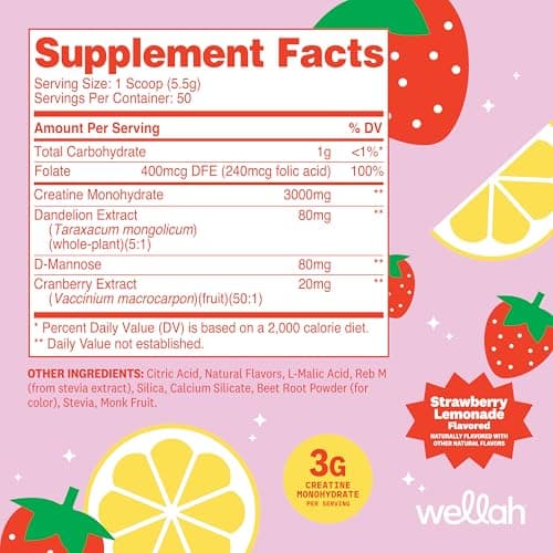 Wellah Creatine for Women - Creatine Monohydrate with Dandelion & Cranberry Extract (50 Servings, Strawberry Lemonade)