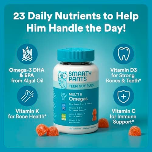 SmartyPants Teen Guy Plus Multi & Omegas Multivitamin Gummies with Omega 3 DHA/EPA, Vitamins D3, C, B12, B6, A, K, Zinc, Folate, Gluten Free, Clean Label, Pineapple Orange, 60 Gummies (30 Day Supply)