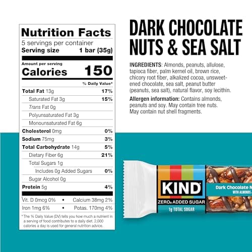 Kind Zero Added Sugar Healthy Snacks Bars, Dark Chocolate Nuts & Sea Salt, Gluten Free, High Fiber, Keto Snacks, 5g Protein, 5 Count