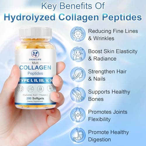 SIGNILIFE Multi Collagen Peptides for Women & Men, Hydrolyzed Collagen Peptides-Type I, II, III, V, X - with Hyaluronic Acid,Vitamin C,Biotin,Supports Skin Hair Nail, Non-GMO, 280 Softgels