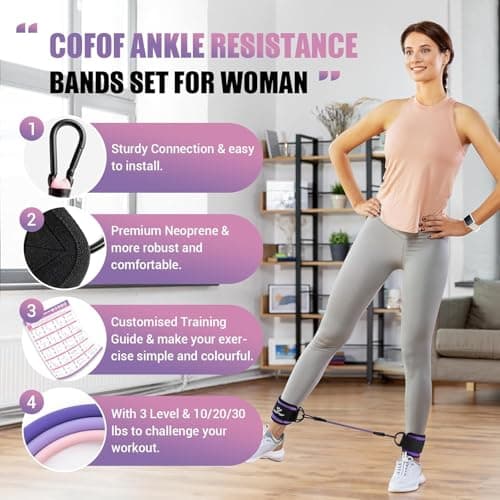 Ankle Resistance Bands with Cuffs, Ankle Bands for Working Out, Kickbacks Hip, Leg Glute Exercise Equipment with Training Poster, Resistance Workout Equipment for Women(Purple)