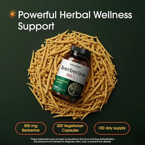 NatureBell Berberine 500mg - 300 Capsules - 97% Pure Berberine HCl - 5:1 Root Extract of Berberis Aristata - Antioxidant, Alkaloid & Adaptogenic Support*