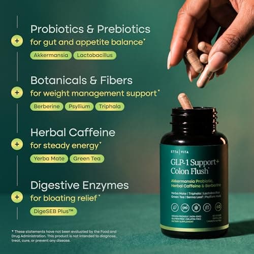 GLP-1 Support + Colon Cleanse – Weight Loss, Gut Health & Energy – Appetite Suppressant & Fat Burner – Berberine, Akkermansia Probiotic, Yerba Mate, Psyllium Husk, Senna Leaf – Women & Men, 60capsules