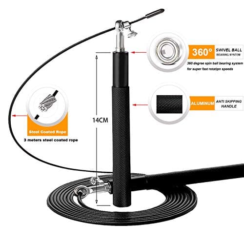 Speed Jump Rope - 360° Swivel Ball Bearing - Adjustable steel coated skipping rope- Aluminum Anti Skipping Handle -Fitness Training Boxing Sports Exercises -suitable for kids and adults(Black)