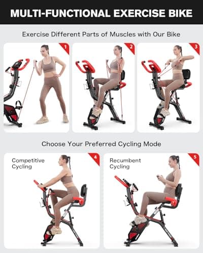 pooboo Folding Exercise Bike, Fitness Stationary Bike Machine, Upright Indoor Cycling Bike, 4-in-1 Magnetic X-Bike with 8-Level Adjustable Resistance, Bottle Holder, Arm Resistance Bands, Pulse Sensor & Back Support Cushion for Home Gym Workout (red)