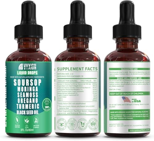 Soursop Bitters Liquid Drops 10 in 1 with Sea Moss, Moringa, Turmeric, Black Seed Oil, Oregano, Ashwagandha | Herbal Extracts for Overall Health-Enhancing | Vegan, Non-GMO | 2 Fl Oz