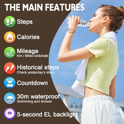 TIMEURE Women's Step Counter Pedometer Watch with Stainless Steel Bracelet, Stylish Design, No App, No Charging Needed for Step, Calorie, Distance Tracking, Alarm, Countdown Timer, TU-2401 (Rose Gold)
