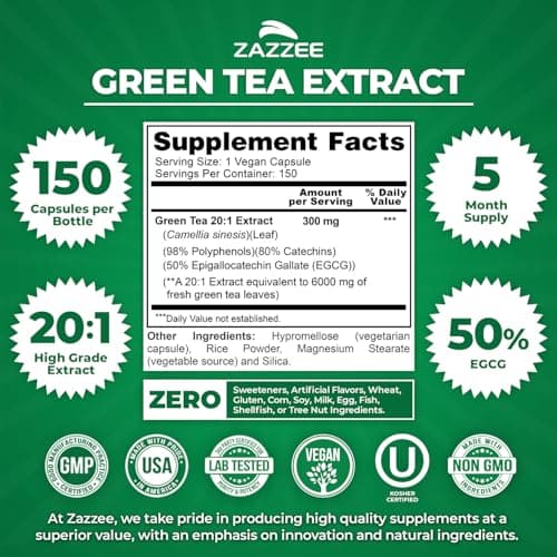 Zazzee Extra Strength Green Tea 20:1 Extract, 50% EGCG, 98% Polyphenols, 80% Catechins, 150 Vegan Capsules, 5 Month Supply, Certified Kosher, Antioxidant & Metabolism Support, Non-GMO, Made in the USA