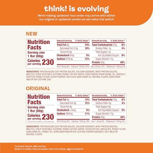 think! Protein Bars, High Protein Snacks, Gluten Free, Kosher Friendly, Creamy Peanut Butter, Nutrition Bars, 2.1 Oz per Bar, 12 Count (Packaging May Vary)