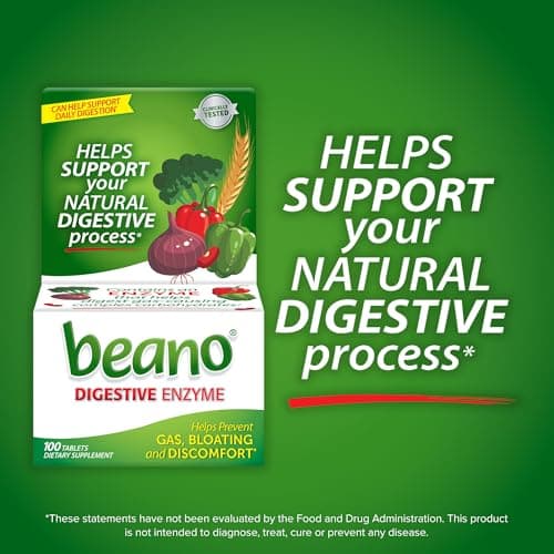 Beano Digestive Enzyme, Preventive Gas Relief for Adults, Helps Prevent Gas & Bloating, 100 Tablets