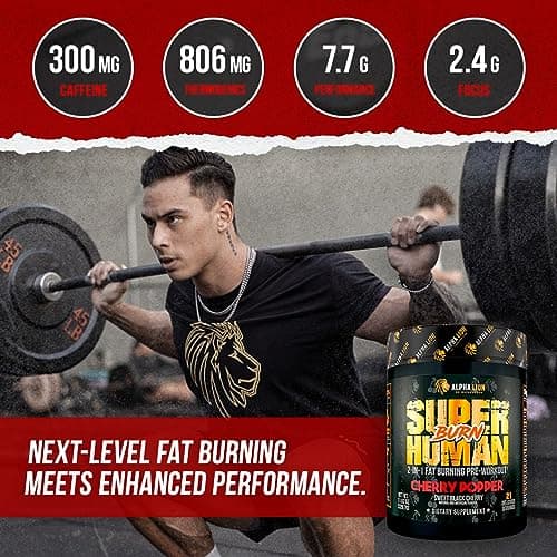 ALPHA LION Superhuman Burn – 2 in 1 Metabolism Booster Pre Workout and Thermogenic Fat Burner for Men – Appetite Suppressant and Weight Loss Supplement (21 Servings, Sweet Black Cherry Flavor)