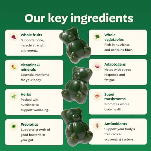 Gruns Adults Super Greens Gummies, Multivitamin Superfood Gummy Bears, Spirulina, Chlorella, Prebiotics & Fiber Gummies for Digestive Health, Adaptogens Supplement, 20 Vitamins & Minerals, 10 Count