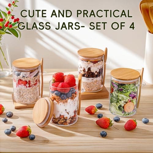 MHDCLY Overnight Oats Containers with Lids,16oz Overnight Oats Jars 4 Pack, Oatmeal Cups,Meal Prep Containers,Glass Meal Prep Containers with Lids,China Pudding Jars