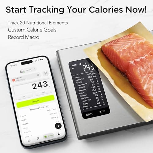 Ultrean Smart Food Kitchen Scale with Nutritional Calculator, APP for Calorie & Macro Tracking, AI Powered, Goal Progress, Digital Calorie Scale for Weight Loss, Stainless Steel, 22lb