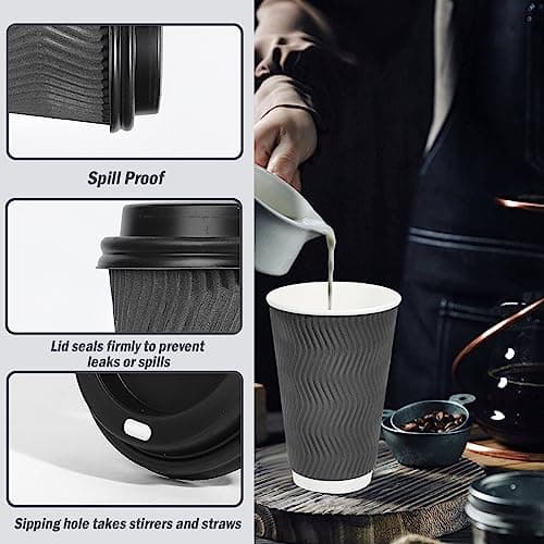 Lamosi 50 Pack 16 oz Insulated Disposable Coffee Cups with Lids, To Go Paper Coffee Cups with Lids, Corrugated Ripple Wall Cup for Hot Drink, Office, Coffee Bar