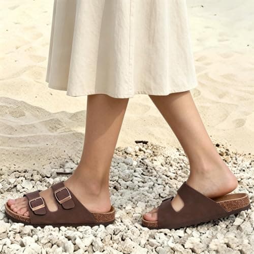 ODOLY Unisex Cork Footbed Slide Sandal, Arch Support Summer Outdoor Sandals with Adjustable Buckle for Women and Men, Brown 39 (8-8.5 Women/6.5-7 Men)