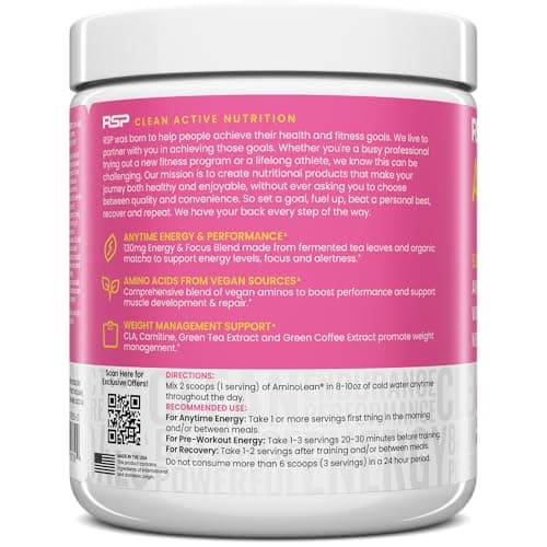 RSP NUTRITION AminoLean Pre Workout Powder, Amino Energy & Weight Management with Vegan BCAA Amino Acids, Natural Caffeine, Preworkout Boost for Men & Women, 30 Serv, Pink Lemonade…
