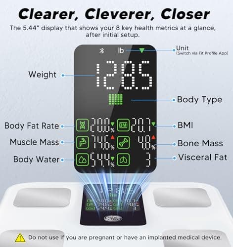 GE Smart Body Weight Scale, with 8-in-1 Display for BMI Body Fat Muscle Mass, Digital Bathroom Bluetooth Scale, 14 Composition Analyzer for Health Monitoring, 11.8", Accurate 400lb Weighing, White
