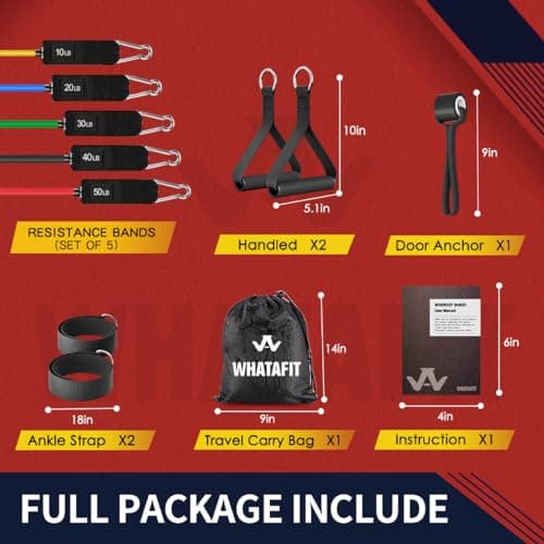 WHATAFIT Resistance Bands,Exercise Bands,Workout Bands with Handles,Door Anchor and Ankle Straps,5 Resistance Levels Fitness Bands,for Strength,Training, Physical Therapy, and Home Gym Equipment