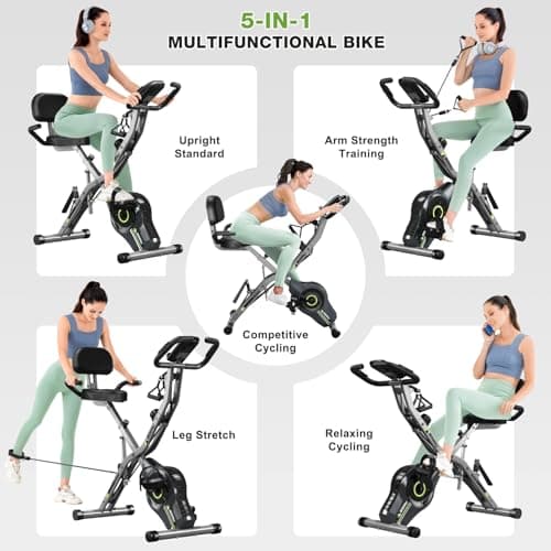 Goimu Exercise Bike, 5 in 1 Foldable Stationary Bike for Seniors, 16-Level Adjustable Magnetic Resistance, Indoor Workout Bike with 330LB Capacity, Comfortable Seat Backrest X-bike (Grey-1)