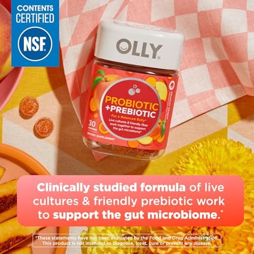 Olly Probiotic + Prebiotic Gummy, 500 Million Cfus, Fos, Adult Chewable Supplement For Men And Women, Peach Flavored, 30 Day Supply - 30 Count