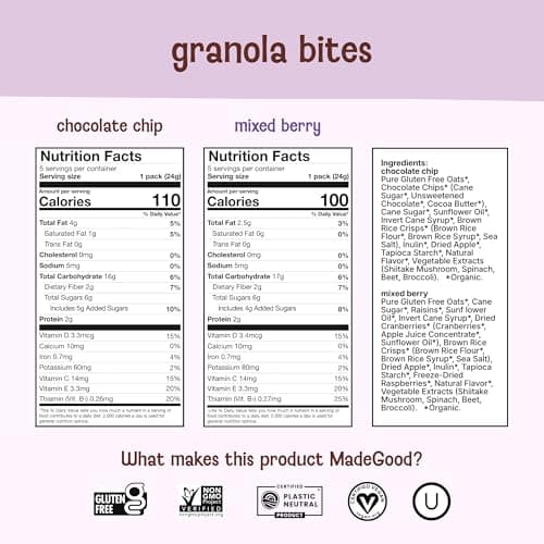 MadeGood Granola Bites Chocolate Chip & Mixed Berry Variety Pack (28 Count) Gluten Free and Organic Snacks