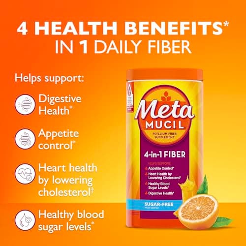 Metamucil 4-in-1 Psyllium Husk GLP-1 Friendly Fiber Supplement, Sugar-Free, 180 teaspoons, Orange Flavored, Daily Fiber Powder for Digestive Health, made with Plant-Based Psyllium Husk Fiber