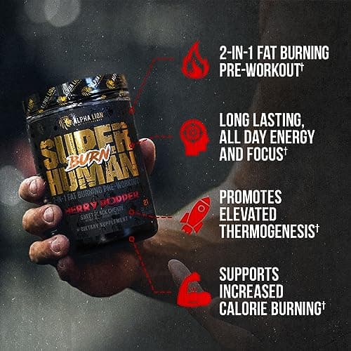 ALPHA LION Superhuman Burn – 2 in 1 Metabolism Booster Pre Workout and Thermogenic Fat Burner for Men – Appetite Suppressant and Weight Loss Supplement (21 Servings, Sweet Black Cherry Flavor)