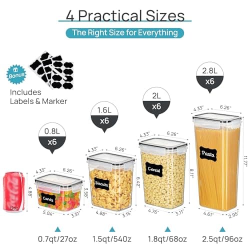Airtight Food Storage Containers with Lids, Vtopmart 24 pcs Plastic Kitchen and Pantry Organization Canisters for Cereal, Dry Food, Flour and Sugar, BPA Free, Includes 24 Labels,Black