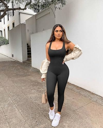 YIOIOIO Women Workout Seamless Jumpsuit Yoga Ribbed Bodycon One Piece Square Neck Leggings Romper