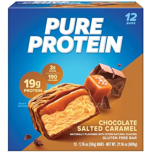 Pure Protein Chocolate Salted Caramel Protein Bars – 20g Protein, 3g Sugar, 190 Calories (12 count) Low Sugar* High Protein Snack - Gluten Free - Perfect for a Healthy Snack