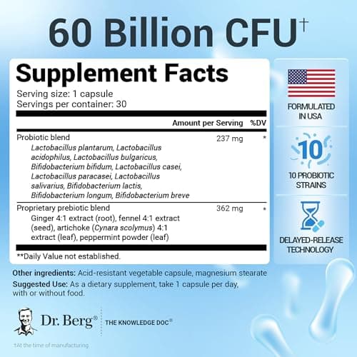 Dr. Berg Probiotic Supplement (60 Billion CFUs) - Helps Ease Occasional Constipation, Diarrhea, Gas & Bloating* - Pre and Probiotics for Digestive Health - 30 Probiotic Capsules