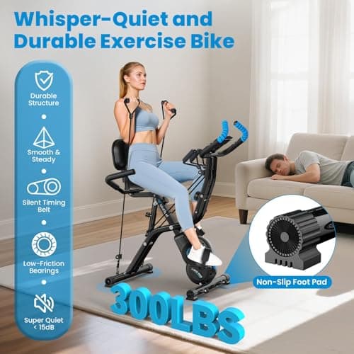 Birdfeel Foldable Exercise Bike, Multifunctional Indoor Stationary Bikes for Home with 8-Level Magnetic Resistance, Quiet Workout Bike with Arm Resistance Bands, LCD Monitor, 300LBS Capacity (Midnight Black)