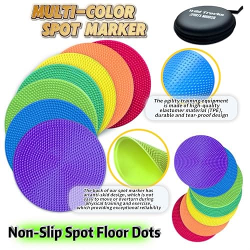 WildTracks 14 Pcs Football Spot Markers, Non-Slip Agility Flat Poly Spots, 4 inches,Floor Dots for Gym,PE Equipment,Rubber Circles Multiple Color Sports Markers(with Storage Package)
