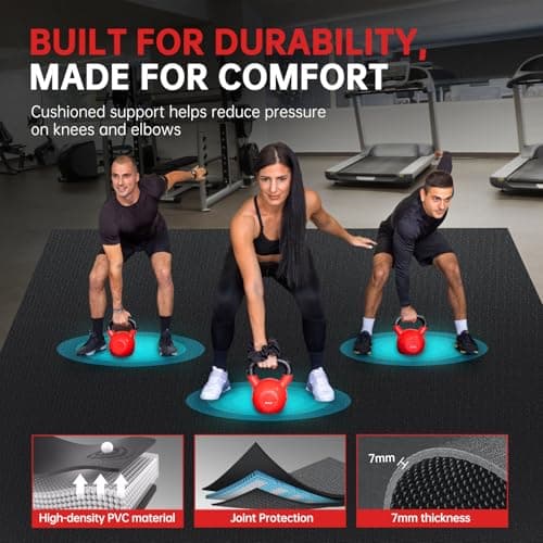 GymCope Large Exercise Mat for Home Workout,12‘x6’/10'x6'/9'x6'/8'x6'/7'x5'/6'x4' (7mm) Extra Thick Workout Mat, High-Density Gym Mat for Cardio, Jump Rope, MMA, Weights (Shoe-Friendly)