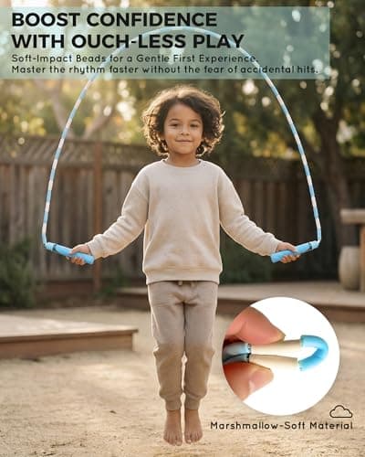 YUEDONG Adjustable ULTRA-SOFT Beaded Jump Rope for Kids Beginners - Tangle-Free Skipping Rope with Marshmallow-Soft TPU Beads, Ergonomic Thumb Groove Anti-Slip Handles, Crisp Rhythmic Click Sound & Waterproof Name Tag Sticker for Safe Fun Exercise (1, PINK, Beaded)