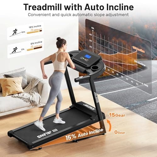 JELENS Treadmill for Home with 0-15% Auto Incline, Foldable Walking Pad Treadmill with 330LBS Weight Capacity and Pulse Sensors, 3.0HP Quiet Walking Pad with App and LCD Display (Black)