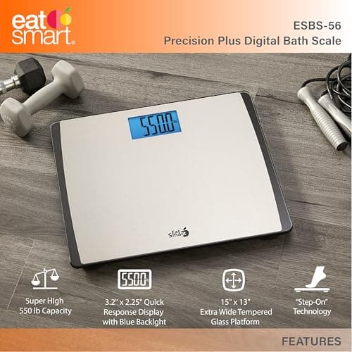 Eat Smart Precision 550 Pound Extra-High Capacity Digital Bathroom Scale, Extra-Wide Platform, Stainless Steel Body Weight Scale with Step-On Tech, Silver