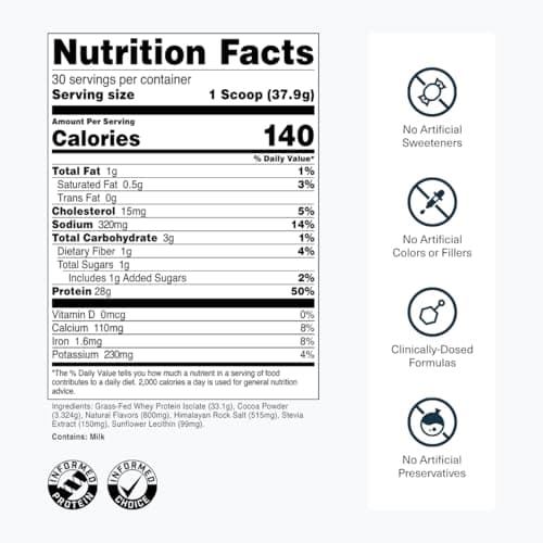 Transparent Labs Grass-Fed Whey Protein Isolate - Naturally Flavored, Gluten Free Whey Protein Powder with 28g of Protein per Serving & 9 Amino Acids - 30 Servings, Dark Chocolate