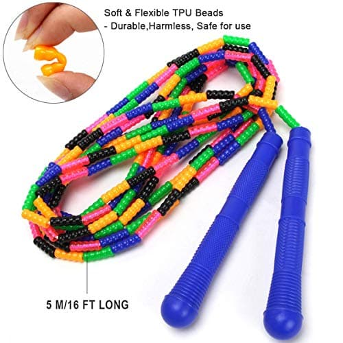 Coolrunner 16 FT Long Jump Rope(2 PACK), Double Dutch Jump Ropes, Soft Beaded Skipping for Kids Adults, Plastic Segmented Long Enough for 4-5 Jumpers(Rainbow) (Style 1) (Green) (Blue) (Blue) 